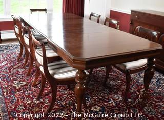 Antique Early Victorian Mahogany Extendable Dining Table with Leaves and Seven (7) White Upholstered Chairs.  96" x 42" x 31".  