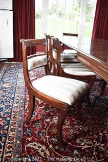 Antique Early Victorian Mahogany Extendable Dining Table with Leaves and Seven (7) White Upholstered Chairs.  96" x 42" x 31".  