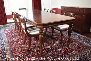 Antique Early Victorian Mahogany Extendable Dining Table with Leaves and Seven (7) White Upholstered Chairs.  96" x 42" x 31".  