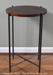 Round Wood End Table with Wrought Iron Legs.  16" D x 25"T