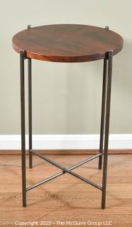 Round Wood End Table with Wrought Iron Legs.  16" D x 25"T