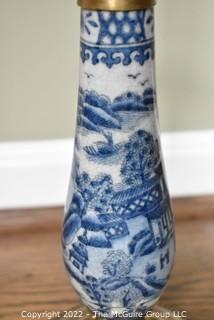 Blue and White Asian Motif, Porcelain Candlestick Table Lamp with Brass Trim.  35" Tall. 