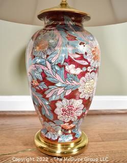 Asian Inspired Porcelain Red Floral Table Lamp with Shade.  30"T