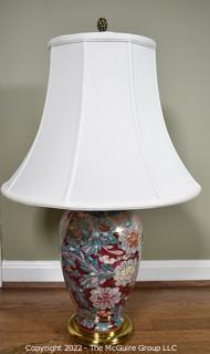 Asian Inspired Porcelain Red Floral Table Lamp with Shade.  30"T