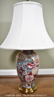 Asian Inspired Porcelain Red Floral Table Lamp with Shade.  30"T