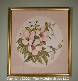 Framed Asian Style Flowers with Hummingbird Painting on Fabric Signed by Artist ZB Sienkiewicz with Chop Mark. 29" x 32".