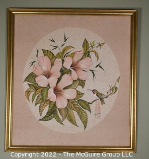 Framed Asian Style Flowers with Hummingbird Painting on Fabric Signed by Artist ZB Sienkiewicz with Chop Mark. 29" x 32".