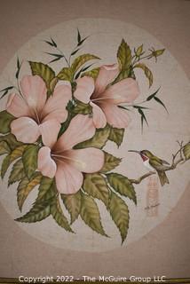 Framed Asian Style Flowers with Hummingbird Painting on Fabric Signed by Artist ZB Sienkiewicz with Chop Mark. 29" x 32".