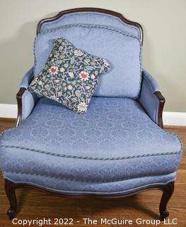 Blue Upholstered Thomasville Barrel Back Bergere Salon Chair.  One of Pair. 34"w x 35"T x 29"D.