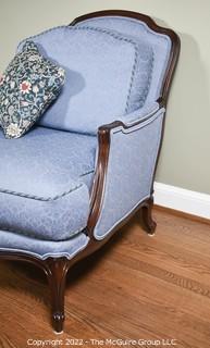 Blue Upholstered Thomasville Barrel Back Bergere Salon Chair.  One of Pair. 34"w x 35"T x 29"D.