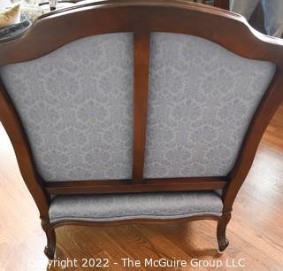 Blue Upholstered Thomasville Barrel Back Bergere Salon Chair.  One of Pair. 34"w x 35"T x 29"D.