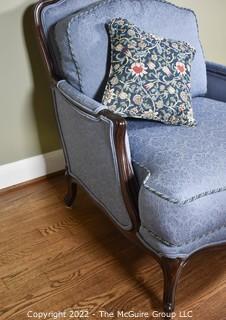 Blue Upholstered Thomasville Barrel Back Bergere Salon Chair.  One of Pair. 34"w x 35"T x 29"D.