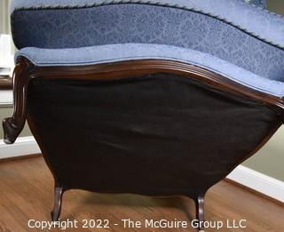 Blue Upholstered Thomasville Barrel Back Bergere Salon Chair.  One of Pair. 34"w x 35"T x 29"D.