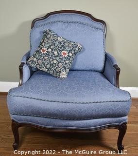 Blue Upholstered Thomasville Barrel Back Bergere Salon Chair.  One of Pair. 34"w x 35"T x 29"D.