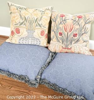 Four (4) Decorative Throw Pillows, Two Tapestry, Two Coordinating Blue Fabric. 