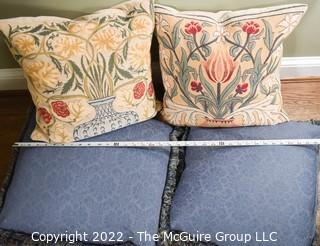 Four (4) Decorative Throw Pillows, Two Tapestry, Two Coordinating Blue Fabric. 