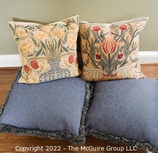 Four (4) Decorative Throw Pillows, Two Tapestry, Two Coordinating Blue Fabric. 