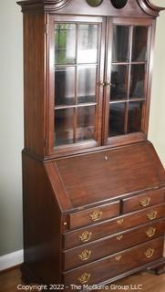 Harden Chippendale Solid Cherry Slant Lid Secretary Desk With Shell-Carved Accent,  Metal Label and Secret Compartments.  Two Pieces.  Top Case Measures 37”W  X 20.5”D X 39.5”T, Drawers Measure 39”W X 12”D X 46.5”T.