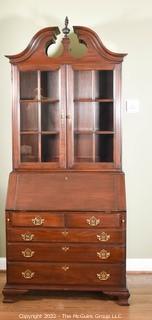 Harden Chippendale Solid Cherry Slant Lid Secretary Desk With Shell-Carved Accent,  Metal Label and Secret Compartments.  Two Pieces.  Top Case Measures 37”W  X 20.5”D X 39.5”T, Drawers Measure 39”W X 12”D X 46.5”T.