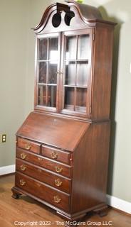 Harden Chippendale Solid Cherry Slant Lid Secretary Desk With Shell-Carved Accent,  Metal Label and Secret Compartments.  Two Pieces.  Top Case Measures 37”W  X 20.5”D X 39.5”T, Drawers Measure 39”W X 12”D X 46.5”T.