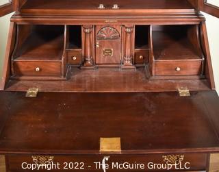 Harden Chippendale Solid Cherry Slant Lid Secretary Desk With Shell-Carved Accent,  Metal Label and Secret Compartments.  Two Pieces.  Top Case Measures 37”W  X 20.5”D X 39.5”T, Drawers Measure 39”W X 12”D X 46.5”T.