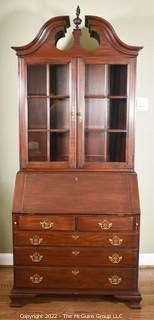 Harden Chippendale Solid Cherry Slant Lid Secretary Desk With Shell-Carved Accent,  Metal Label and Secret Compartments.  Two Pieces.  Top Case Measures 37”W  X 20.5”D X 39.5”T, Drawers Measure 39”W X 12”D X 46.5”T.