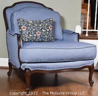 Blue Upholstered Thomasville Barrel Back Bergere Salon Chair.  One of Pair. 34"w x 35"T x 29"D.