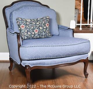 Blue Upholstered Thomasville Barrel Back Bergere Salon Chair.  One of Pair. 34"w x 35"T x 29"D.