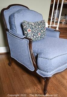 Blue Upholstered Thomasville Barrel Back Bergere Salon Chair.  One of Pair. 34"w x 35"T x 29"D.