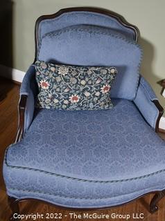 Blue Upholstered Thomasville Barrel Back Bergere Salon Chair.  One of Pair. 34"w x 35"T x 29"D.