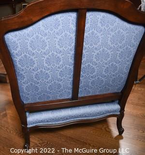 Blue Upholstered Thomasville Barrel Back Bergere Salon Chair.  One of Pair. 34"w x 35"T x 29"D.