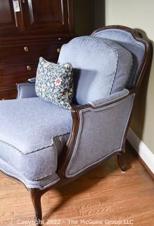 Blue Upholstered Thomasville Barrel Back Bergere Salon Chair.  One of Pair. 34"w x 35"T x 29"D.