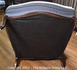 Blue Upholstered Thomasville Barrel Back Bergere Salon Chair.  One of Pair. 34"w x 35"T x 29"D.