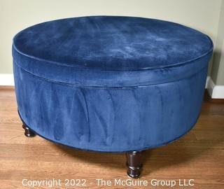 Blue Velvet Upholstered Round Storage Ottoman.  32" diameter, 18" tall.