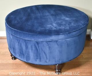 Blue Velvet Upholstered Round Storage Ottoman.  32" diameter, 18" tall.