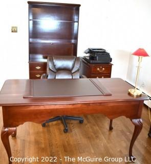 Seven (7) Pieces Office Set Includes: Statton Queen Anne Style Cherry Writing Desk 31"H x 30"W x 18"D, Bombay Company Bookshelf 36"W x 15"D x 70"T, Office Chair, Filing Cabinet, Hewlitt Packard Printer Scanner, Desk Lamp and Blotter. 