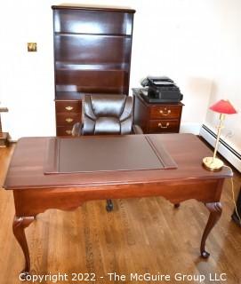 Seven (7) Pieces Office Set Includes: Statton Queen Anne Style Cherry Writing Desk 31"H x 30"W x 18"D, Bombay Company Bookshelf 36"W x 15"D x 70"T, Office Chair, Filing Cabinet, Hewlitt Packard Printer Scanner, Desk Lamp and Blotter. 