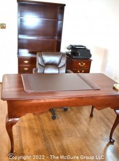 Seven (7) Pieces Office Set Includes: Statton Queen Anne Style Cherry Writing Desk 31"H x 30"W x 18"D, Bombay Company Bookshelf 36"W x 15"D x 70"T, Office Chair, Filing Cabinet, Hewlitt Packard Printer Scanner, Desk Lamp and Blotter. 