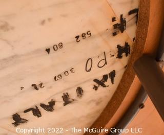 Drexel Heritage Inlaid Marble-Top Table with Wrought Iron Base and Four Cane Chairs. Table 40" in diameter.