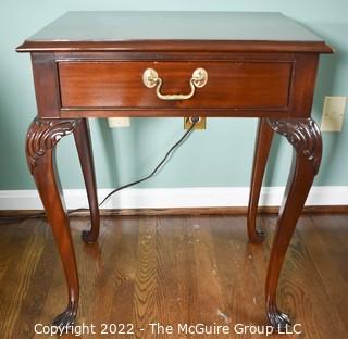 Councill Craftsmen Queen Anne Mahogany End Table with Drawer on Carved Cabriole Legs With Claw & Ball Feet.  One of pair. 22" W X 27" H X 17" D.