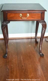 Councill Craftsmen Queen Anne Mahogany End Table with Drawer on Carved Cabriole Legs With Claw & Ball Feet.  One of pair. 22" W X 27" H X 17" D.