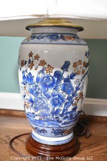 Large Pair of 20th Century Asian Style Blue and White Porcelain Table Lamps with Shades. 26" tall.