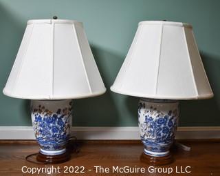 Large Pair of 20th Century Asian Style Blue and White Porcelain Table Lamps with Shades. 26" tall.