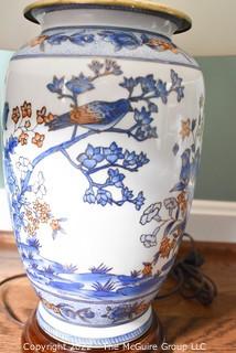 Large Pair of 20th Century Asian Style Blue and White Porcelain Table Lamps with Shades. 26" tall.