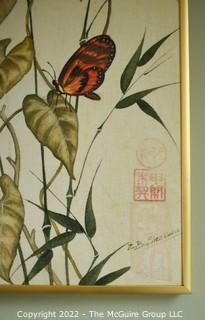 Framed Asian Style Flowers with Butterflies Painting on Fabric Signed by Artist ZB Sienkiewicz with Chop Mark. 12" x 18".