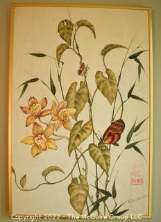 Framed Asian Style Flowers with Butterflies Painting on Fabric Signed by Artist ZB Sienkiewicz with Chop Mark. 12" x 18".