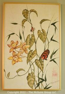 Framed Asian Style Flowers with Butterflies Painting on Fabric Signed by Artist ZB Sienkiewicz with Chop Mark. 12" x 18".