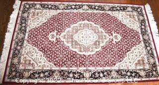 Wool Hand Woven Medallion Center Area Rug on Red Ground.  37" x 67".