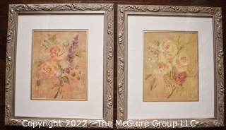 Two (2) Framed Under Glass Floral Prints. 15.5" x 17.5".