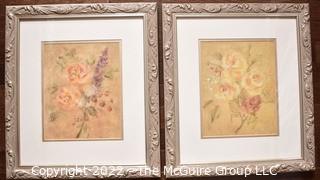 Two (2) Framed Under Glass Floral Prints. 15.5" x 17.5".